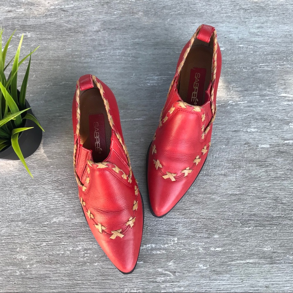 Sabree Leather  Western Ankle Boots Shoes Red